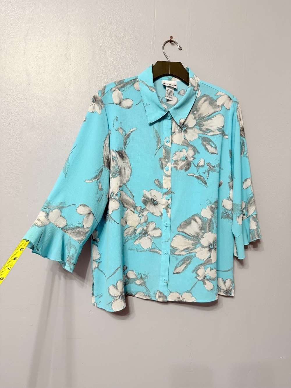 #10) BonWorth Aqua Floral Button-Down Blouse